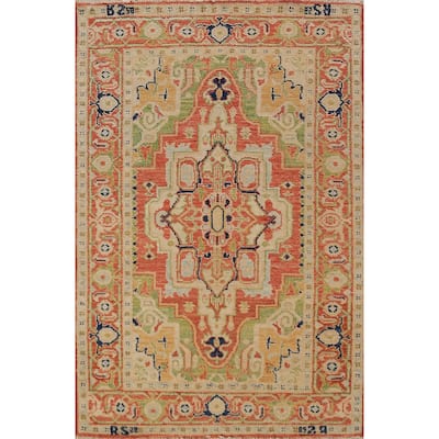 Orange & Green Heriz Serapi Vegetable Dye Rug Handmade Wool Carpet - 3'1"x 5'0"