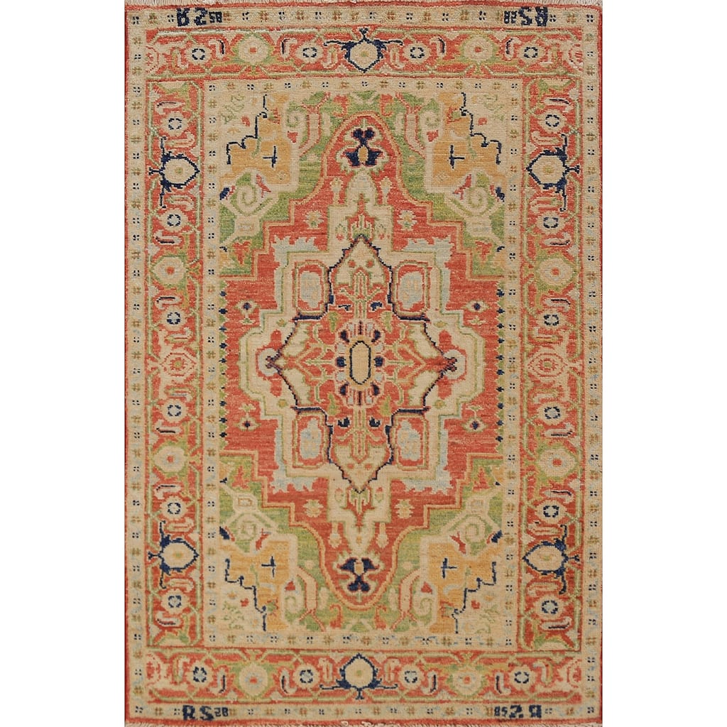 Orange & Green Heriz Serapi Vegetable Dye Rug Handmade Wool Carpet - 3'1"x 5'0"