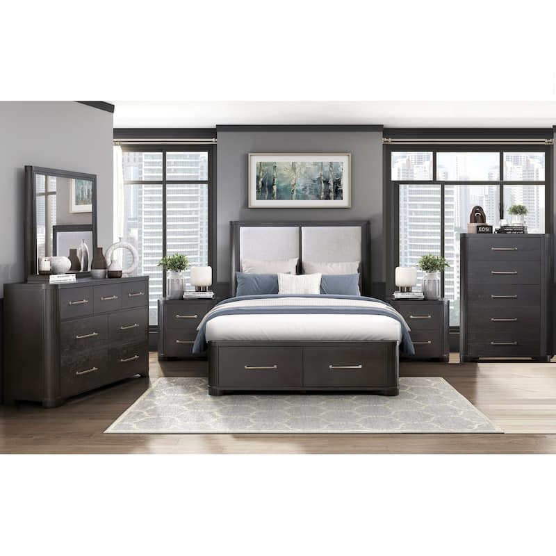 Modern Luxury Bedroom Set Storage Bed Dresser Mirror Two Nightstands Chest Charcoal Finish 6pcs Furniture