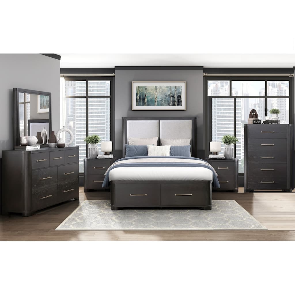 Modern Luxury Bedroom Set Storage Bed Dresser Mirror Two Nightstands Chest Charcoal Finish 6pcs Furniture