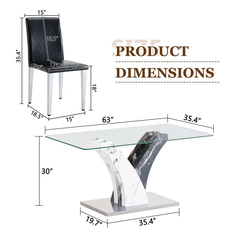 63-Inch Rectangular Dining Table Set with Tempered Glass Top and Chairs, Modern Kitchen & Living Room Dining Set for Apartments