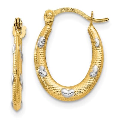 Curata 14k Yellow Gold and Rhodium 2x17mm Textured Oval With Hearts Hoop Earrings