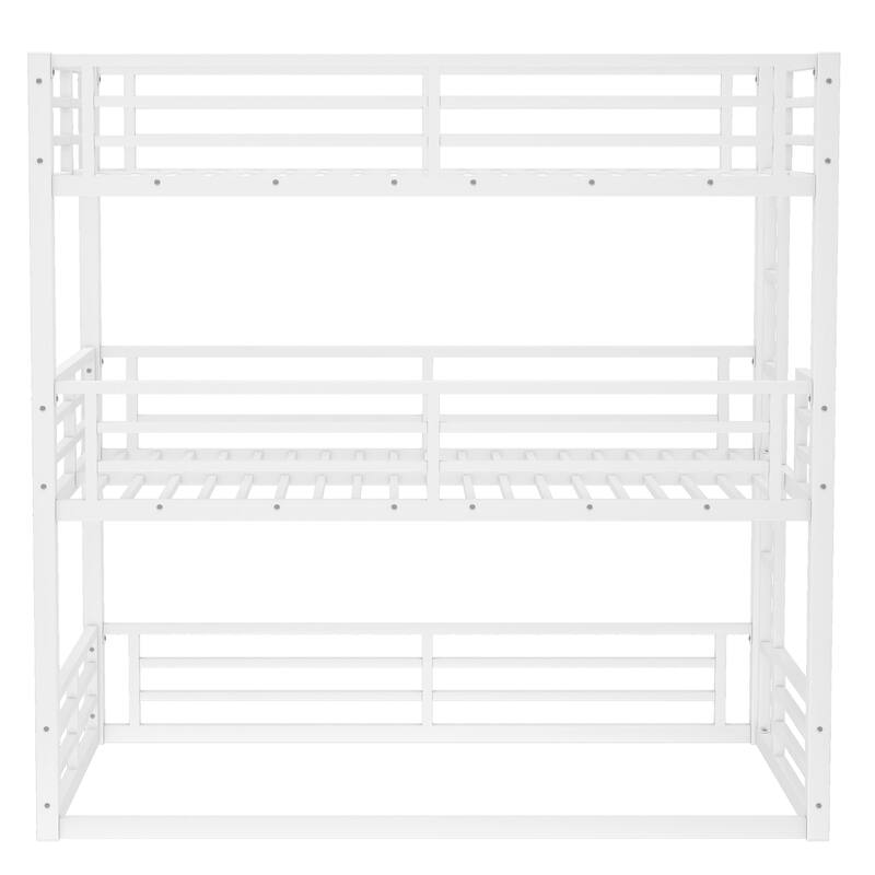 Roomfitters Twin/Full/Queen Metal Triple Bunk Bed with Safety Guardrails, Heavy-Duty Noise-Reduced Frame, White