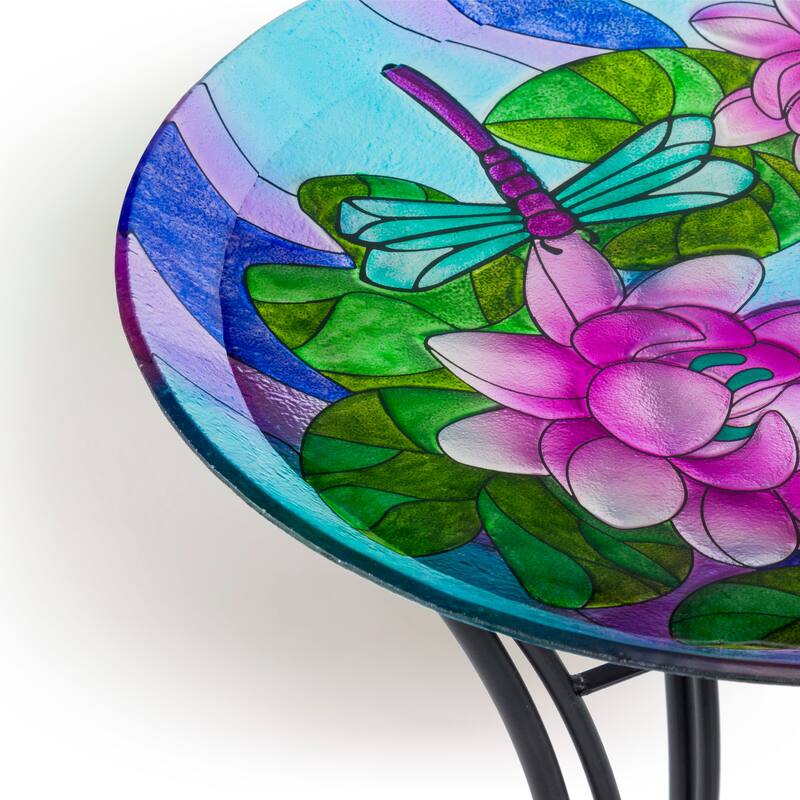 Alpine Corporation 18" Glass Birdbath Topper with Purple Dragonfly Painted Finish