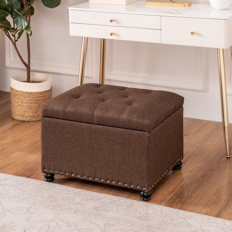 Adeco Norsup Grey Blended Linen Storage Ottoman Footstool