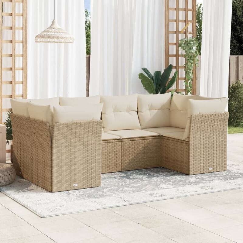 vidaXL Patio Sofa Set with Cushions Outdoor Furniture 6 Piece Poly Rattan - 24.4 x 24.4 x 27.2 - Beige and cream
