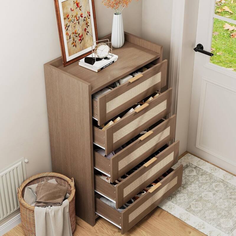 Boho 5 Drawer Dresser Storage Cabinet for Bedroom Living Room Hallway