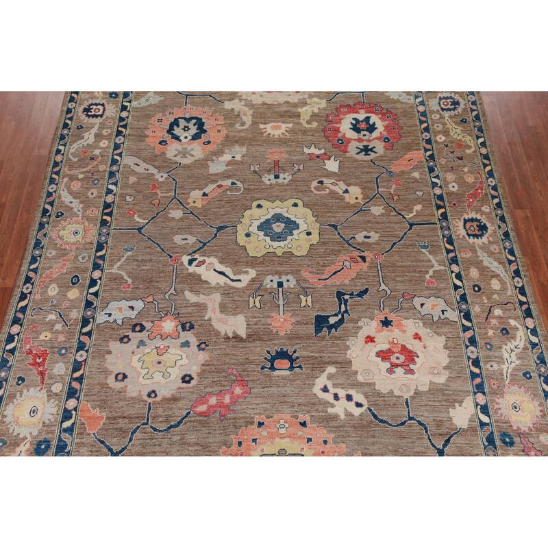 Hand Knotted Oriental 100% Wool Carpet Transitional All-Over Brown Oushak Area Rug - 11' 9'' X 9' 2''