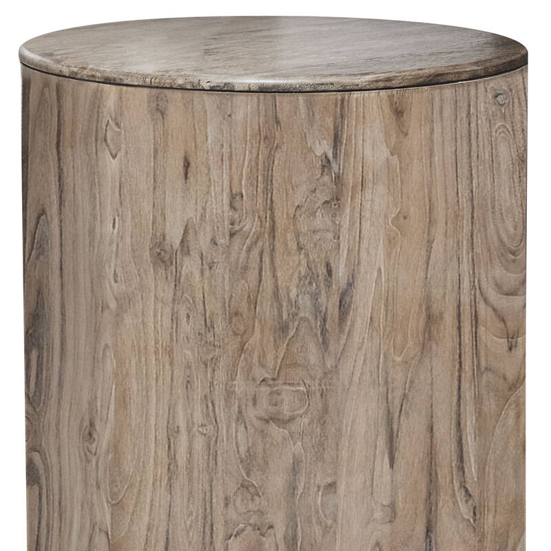 Eray Chairside Table, Drum Shape, Light Brown Teak, Mango Wood, 18 In