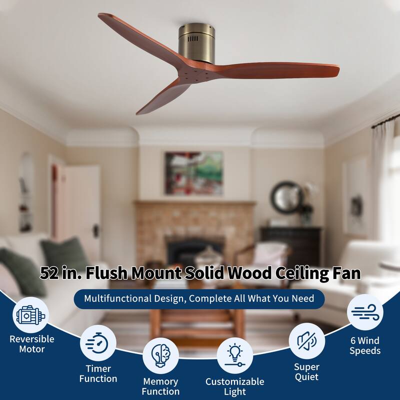 52"Mordern Rustic Elegance Solid Wood Blades Low Profile Flush Mount Ceiling Fan without Light