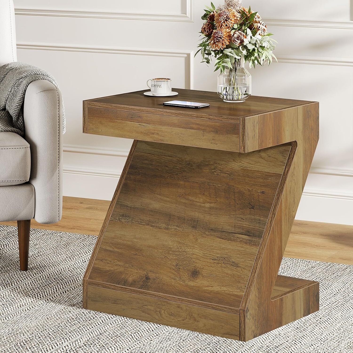 Z-Shaped Wood Side End Table for Living Room - Brown - Bed Bath