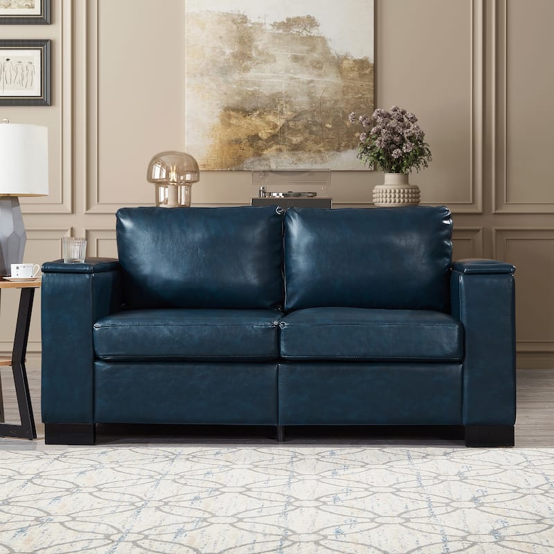 67.7" Modern Style Loveseat Faux Leather Couch,Square Arm Sofa With Cup Holder,Storage Sofa,Upholstered PU Leather
