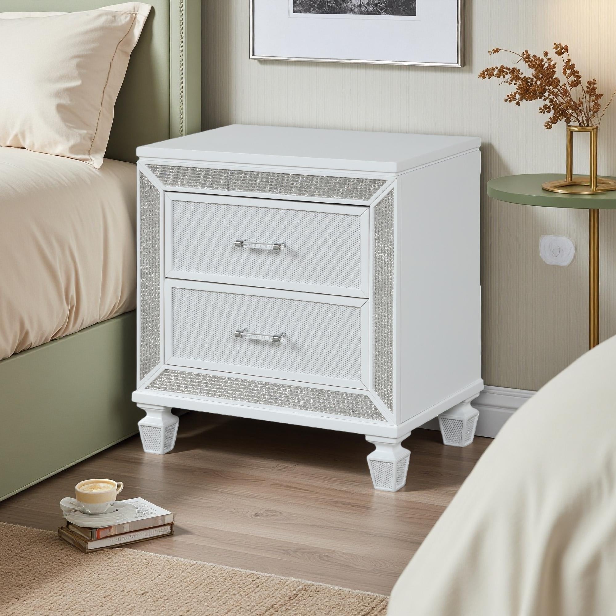 25.98"L Modern Solid & Manufactured Wood Crystal 2-Drawer Nightstand with Mirror Accents, Felt-Lined Drawers
