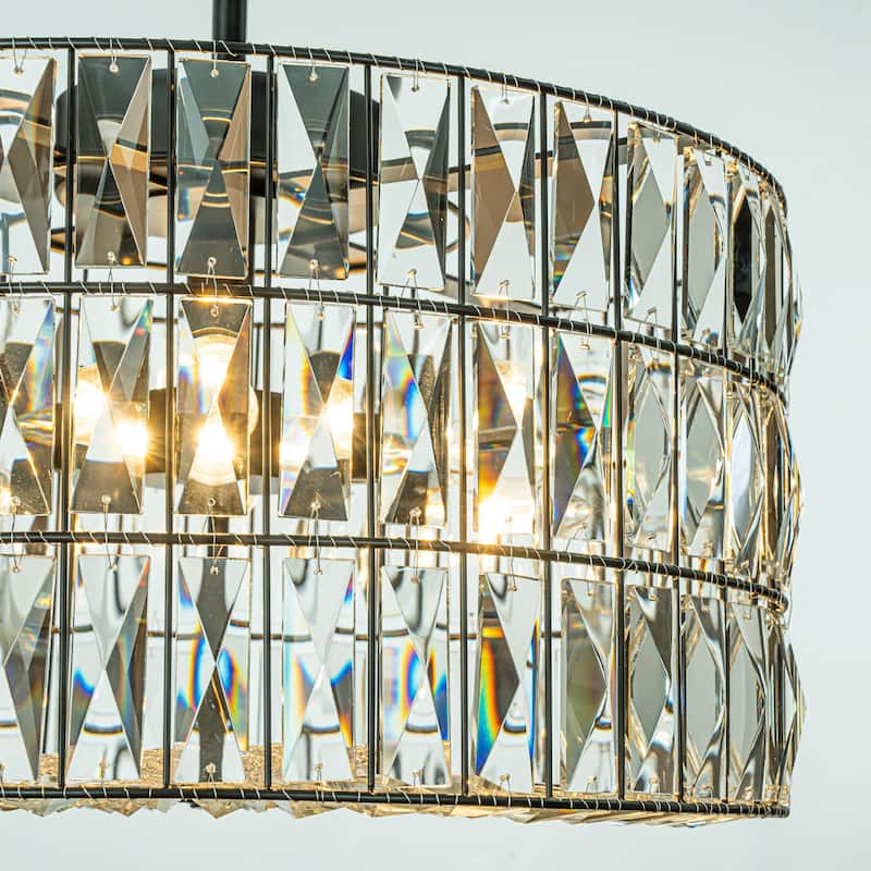 CraftHome Modern Farmhouse Elegant 4-Light Matte Black Drum Crystal Chandelier - W20"