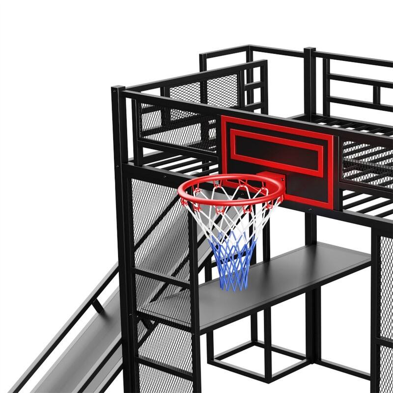 Metal Loft Bed with Bulit-in Desk, Slide and Open Wardrobe, Full Size Loft Bedframe with Storage Staircase and Basketball hoop