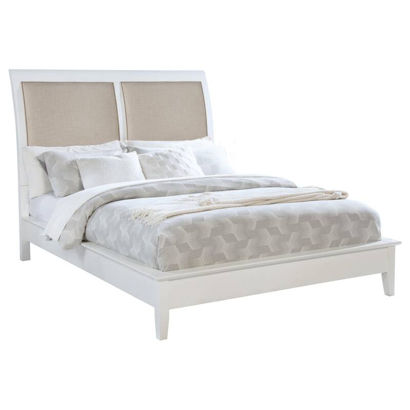 Heo King Size Bed, Sleigh Beige Upholstered Headboard, White Wood