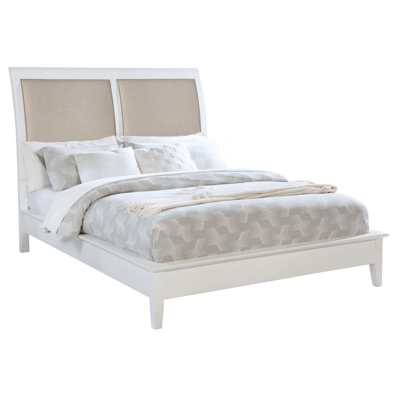 Heo Queen Size Bed, Sleigh Beige Upholstered Headboard, White Wood