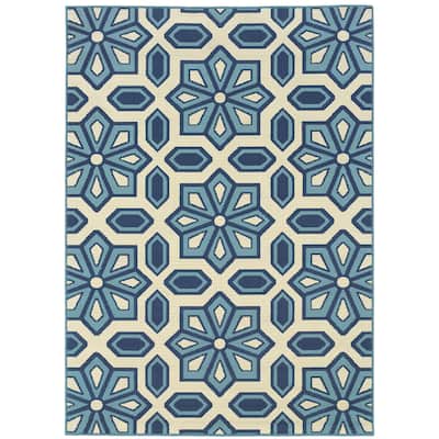 Cergy Ivory Blue Geometric Outdoor Casual Area Rug