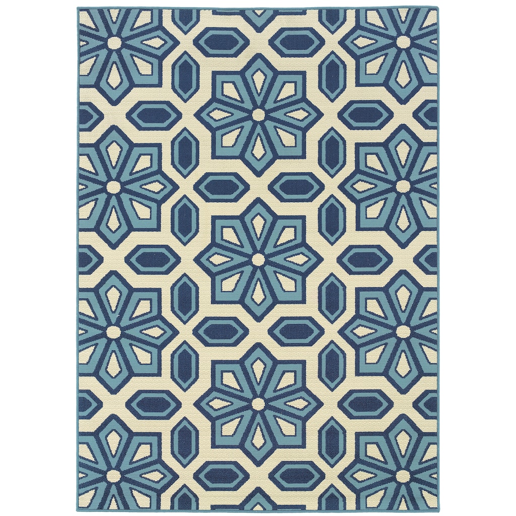 Cergy Ivory Blue Geometric Outdoor Casual Area Rug