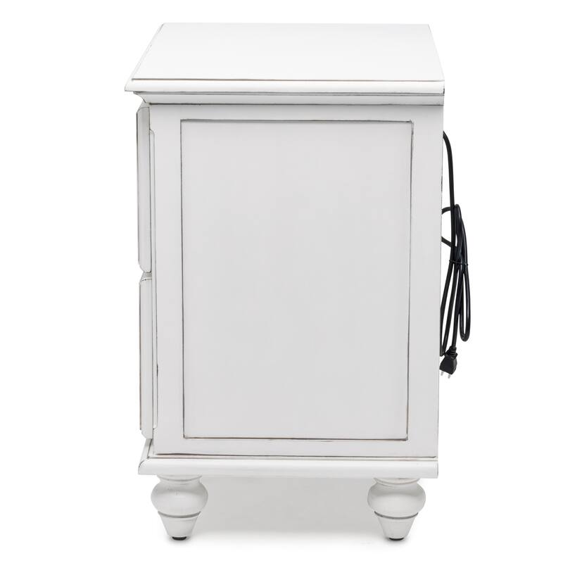 HomeRoots 28" White Solid Wood Distressed Two Drawer Nightstand With USB Port