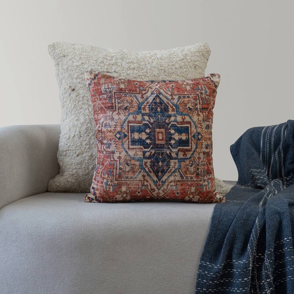 Vintage-Style Medallion Square Throw Pillow - 18" - Rust Brown and Navy