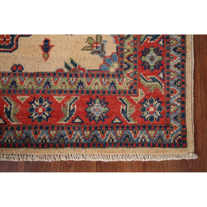 Kazak Accent Rug Handmade Geometric Beige Wool Carpet - 3'5" x 5'0"