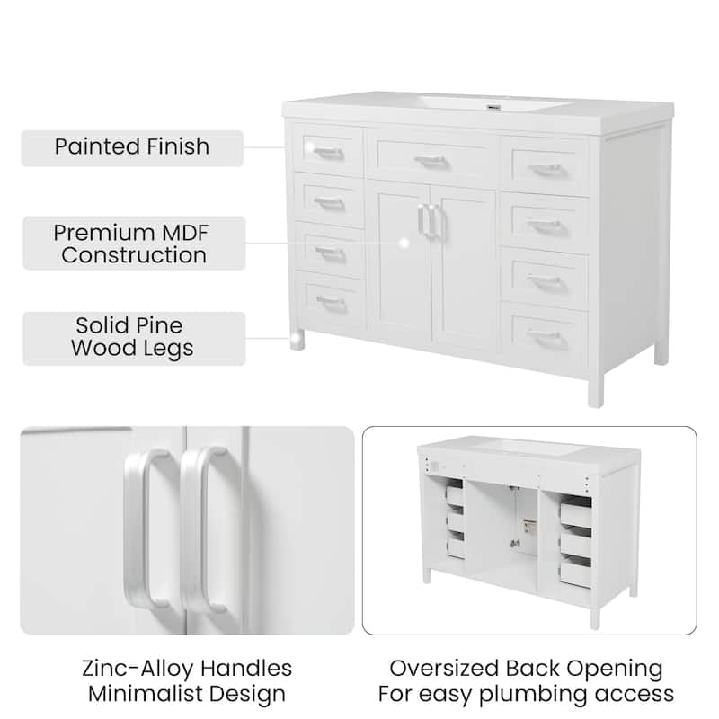 48" Freestanding Bathroom Vanity with Sink, 2 Doors, 8 Soft-Close Drawers, Resin Top and Storage Cabinet