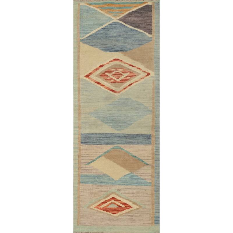 Hand Woven Oriental 100% Wool Carpet Southwestern Modern Navy Blue & Blues Kilim Runner Rug - 5' 9'' X 2' 0''