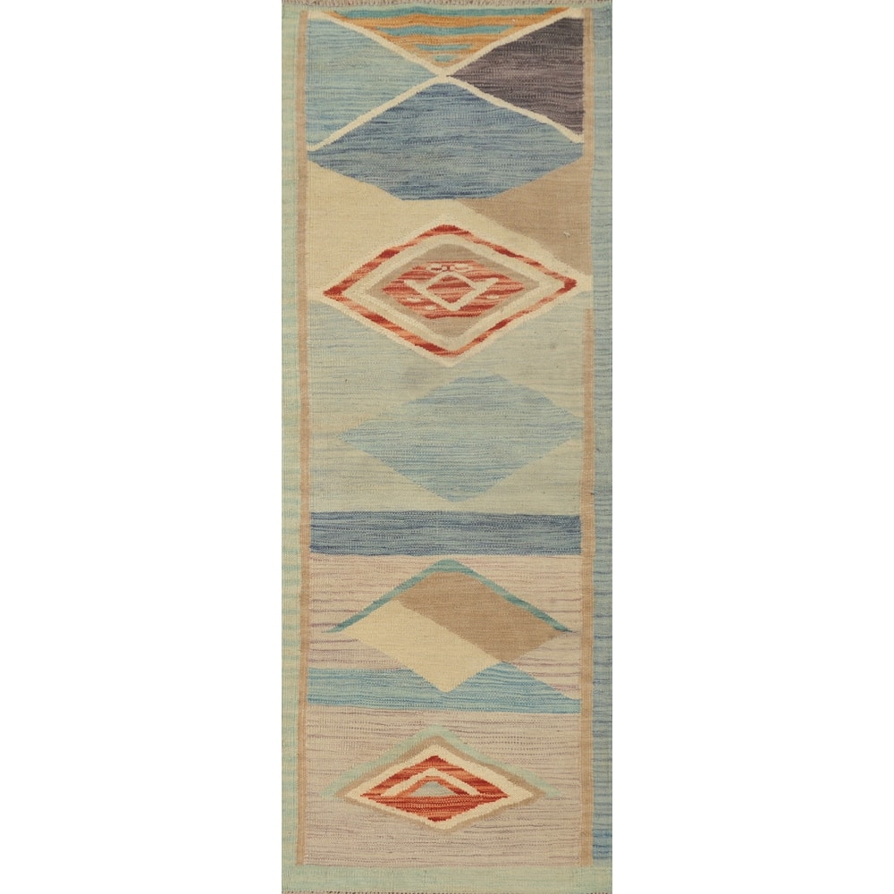 Hand Woven Oriental 100% Wool Carpet Southwestern Modern Navy Blue & Blues Kilim Runner Rug - 5' 9'' X 2' 0''
