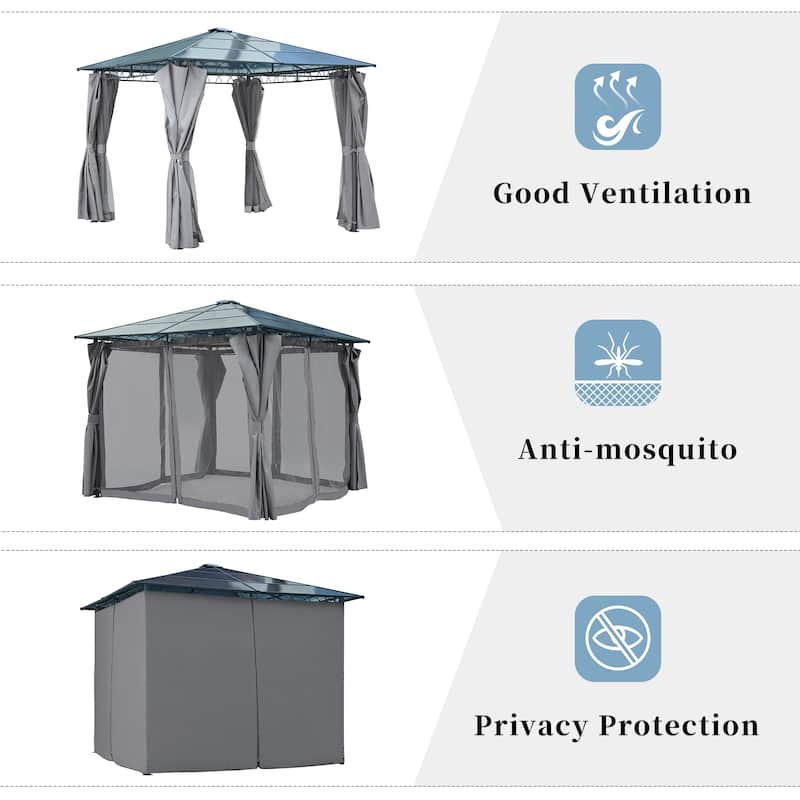 10'x10' Hardtop Patio Gazebo with Privacy Curtains and Mosquito Netting