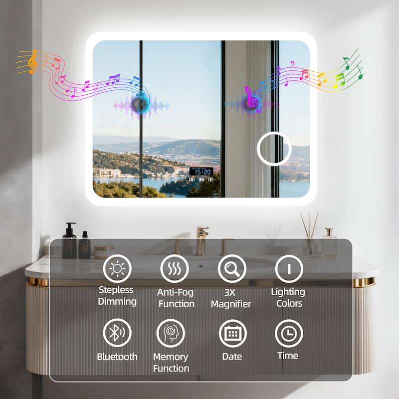 Smart LED Bathroom Mirror with Bluetooth Speaker, Anti-Fog Magnifying