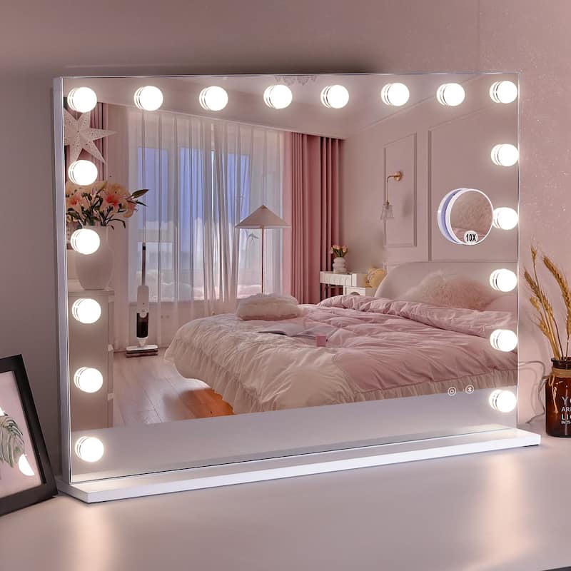 31.5"x22.8"Tempered Glass Large Mirror with 18 Dimmable Bulbs, Table/Hanging Mirror with Touch Screen & USB Charge Port