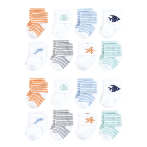 slide 1 of 1, Hudson Baby Cotton Rich Baby Terry Socks 16-Pack, Starfish 0-6 Months - Starfish