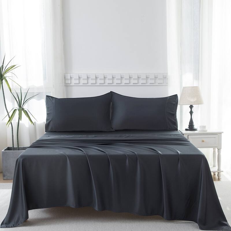 400TC Cooling Sheet Set, Sateen Weave 4 Piece Bedding with 16 Inch Deep Pocket Fitted Sheet - Charcoal - King