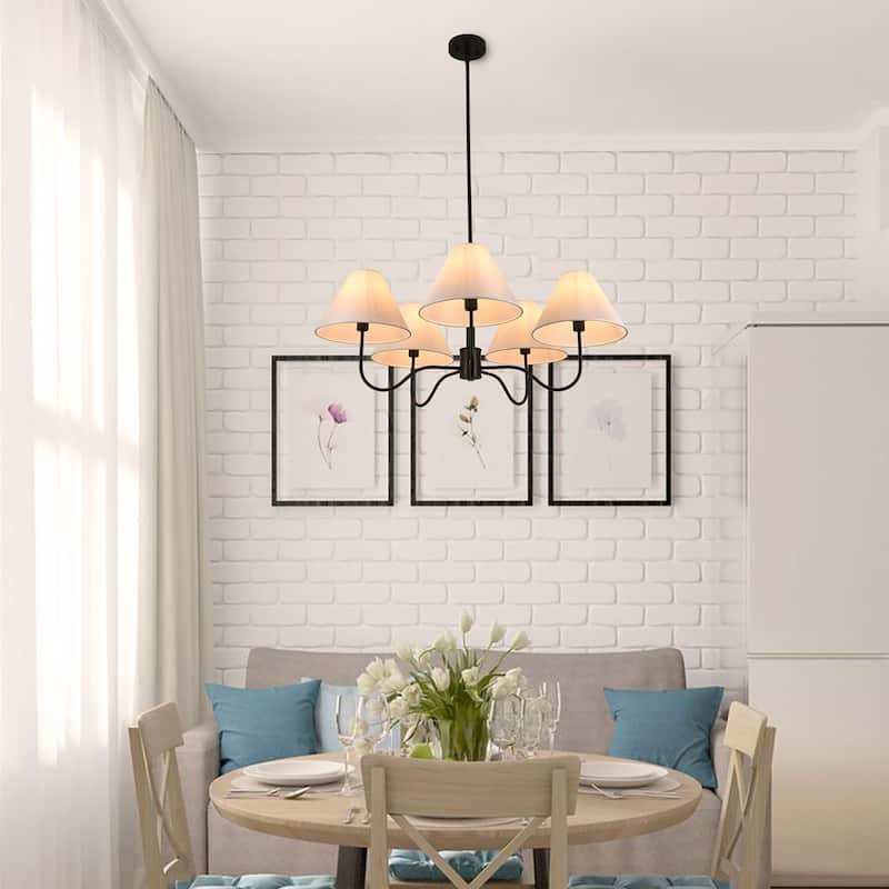 Contemporary 5 - Light Chandelier, Black Metal Frame with White Fabric Shades - Matte Black