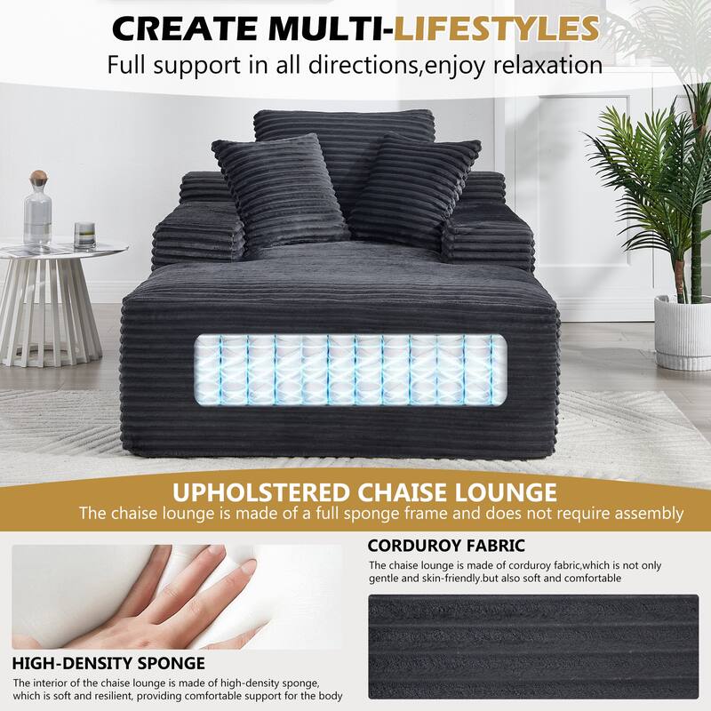Deep Seat Chaise Lounge Chair, Wide Armrest Sleeper Sofa with Three Soft Pillows, Convertible Boneless Sofa Bed Daybed