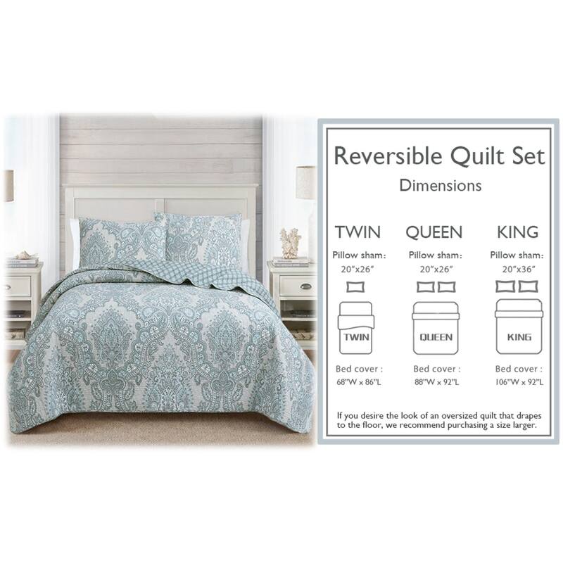 Cozy Line Ornate Paisley Medallion Grey Blue Cotton 3 Piece Queen Quilt Bedding Set