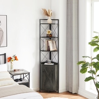 5-Tier Corner Shelf with Storage - Corner Cabinet Bookshelf Stand (Dark Grey)