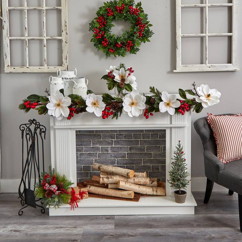 Artificial Garland 6Ft Magnolia Pine Berry Decor Home Holiday Decor - 72