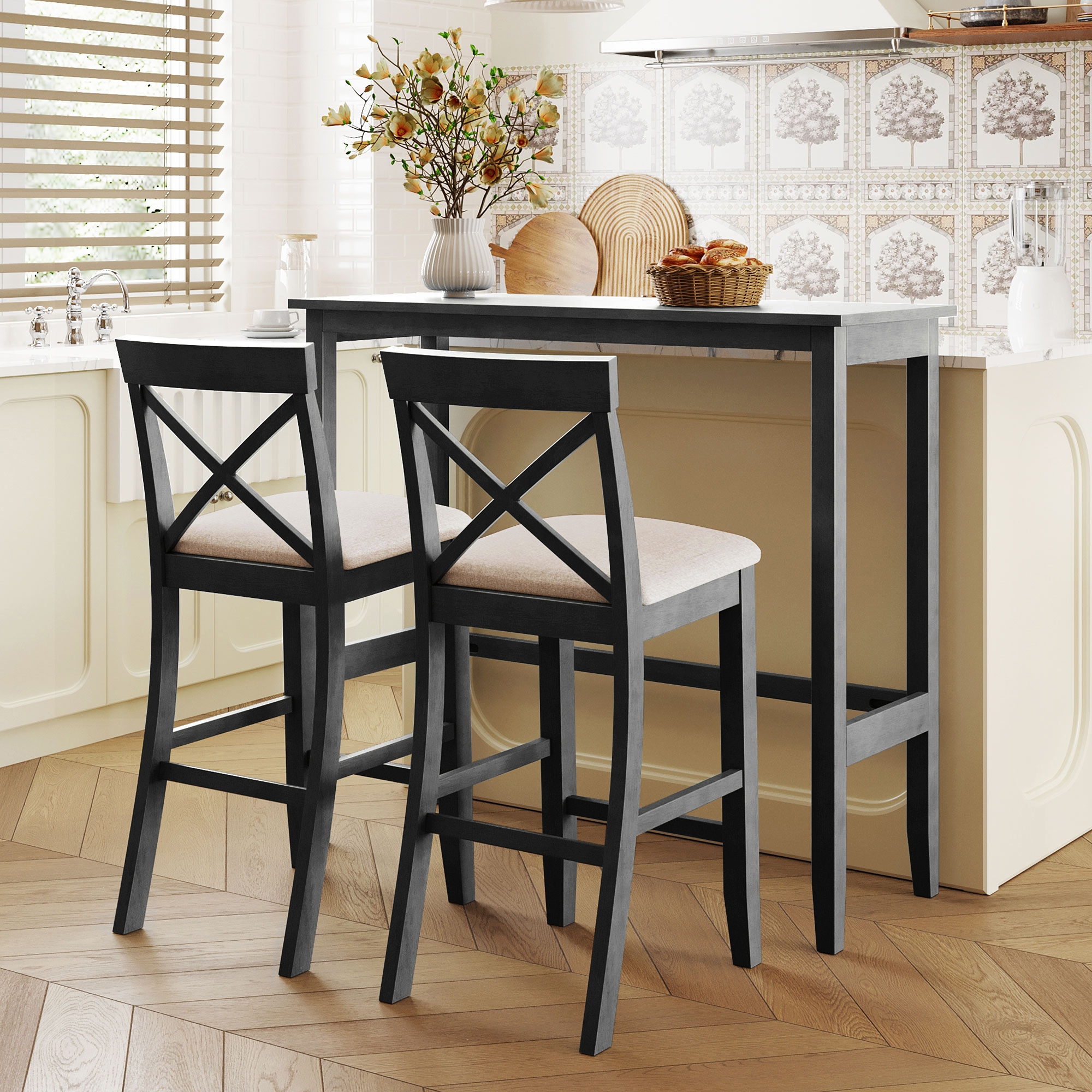 Farmhouse 48 Rectangular Wood Bar Height Dining Set Kitchen Breakfast Nook with 2 Chairs for Small Places Bed Bath Beyond 42443943