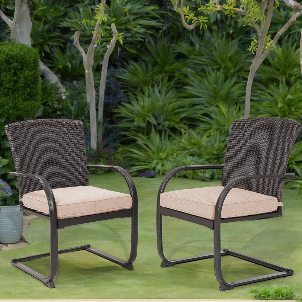 Patio 2 Piece Outdoor Wicker Dining Chairs, All-Weather Spring Patio Furniture with Cushions for Garden Pool Backyard Lawn