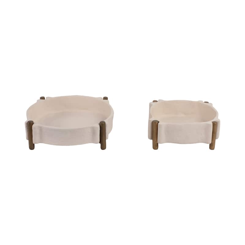 Pottery and Metal Round Accent Tray- Set of 2 - 14", 11", Beige & Gold - 14.0"