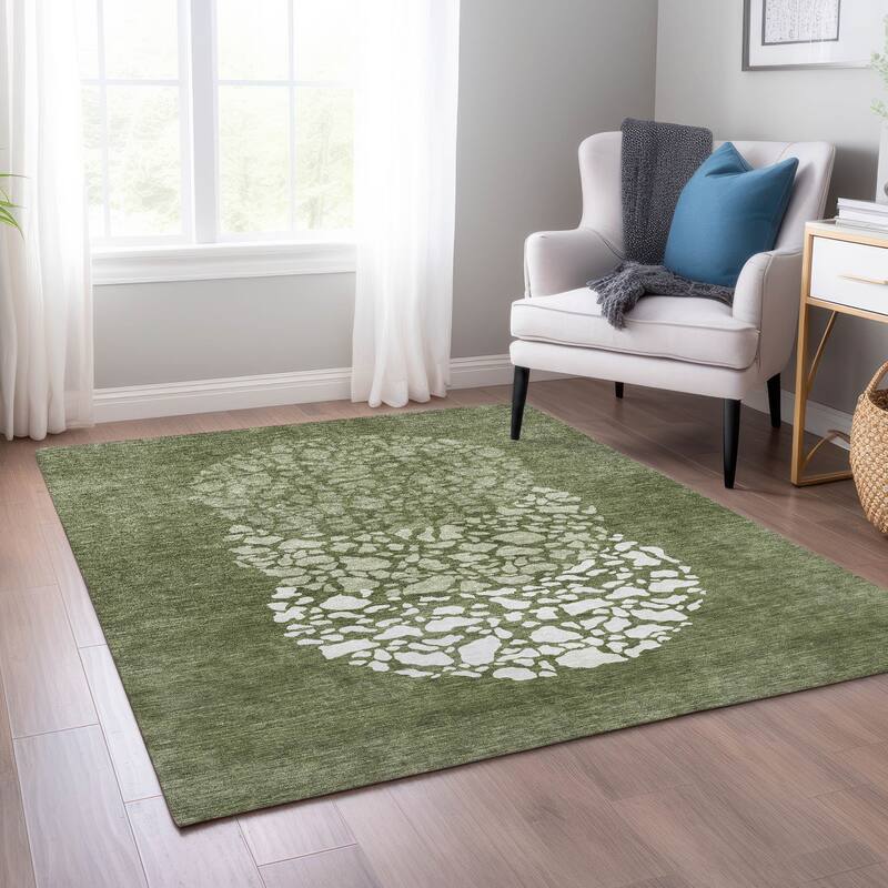 Machine Washable Indoor/ Outdoor Chantille Modern Mosaic Rug - Olive - 9' x 12'