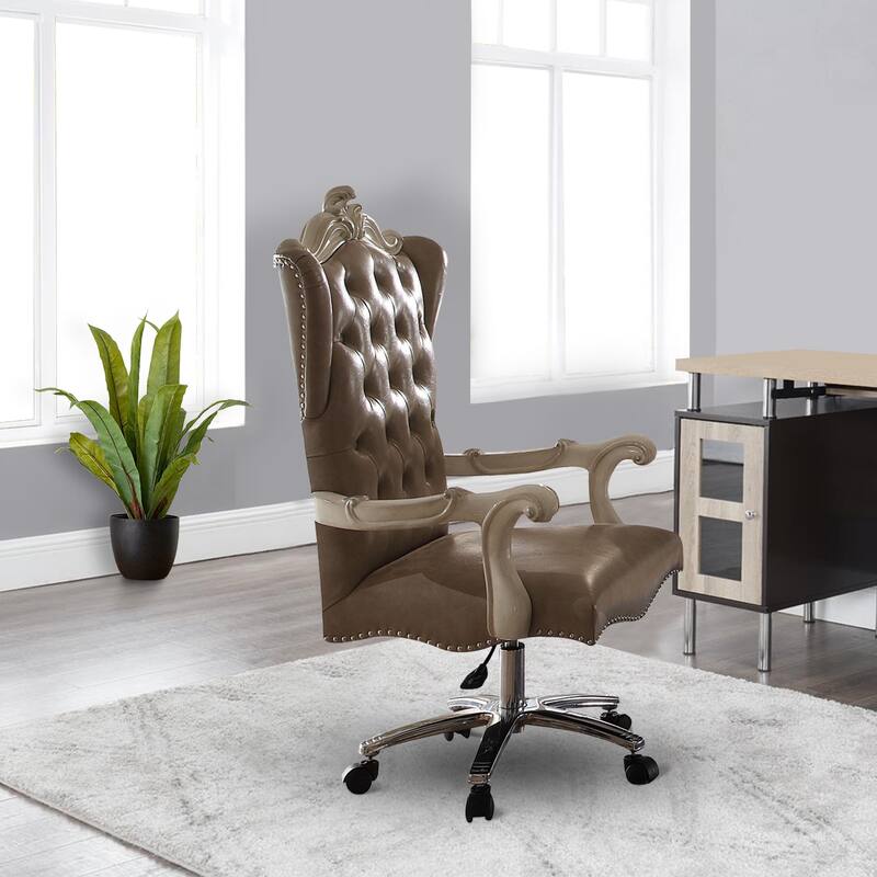 Leather Upholstered Executive Chair with Lift in Grey and Bone White Finish