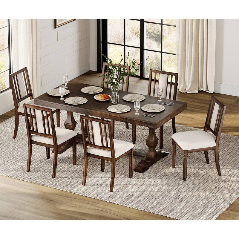 7-pieces Farmhouse Dining Table Set for 6, 74.8" Kitchen Table with Chairs, Solid Wood Legs and Upholstered Back - Brown