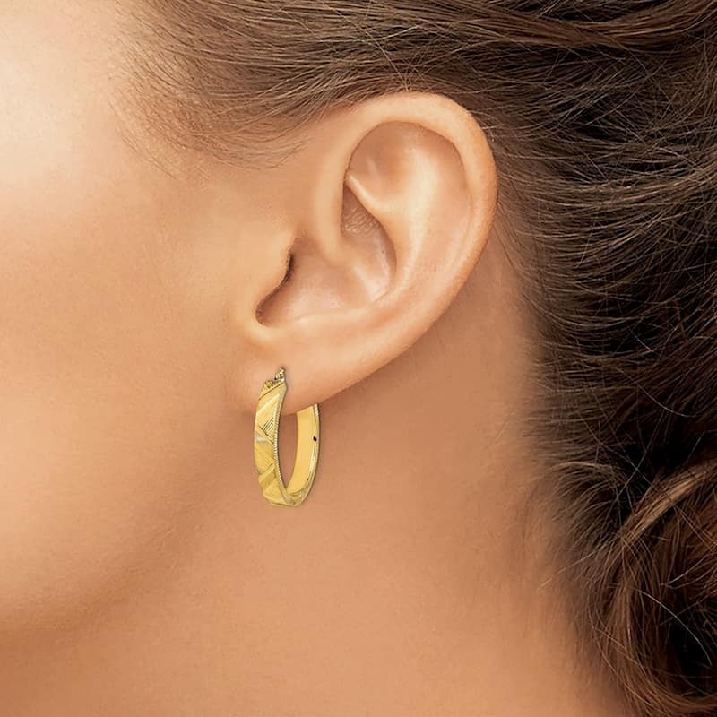 Curata 14k Yellow Gold Polished and Brushed Textured 26.13x4mm Hoop Earrings
