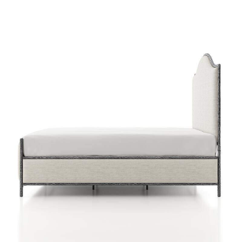 247 Shop At Home Lalia Modern 3-Piece Upholstered Hammered Metal Camelback Bedroom Set with 2 Nightstands