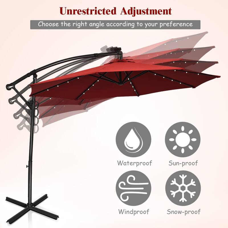 Costway 10FT Patio Offset Umbrella Solar Powered LED 360degrees