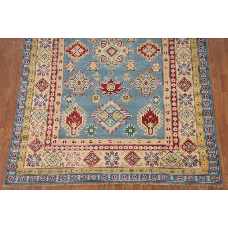 Hand Knotted Oriental 100% Wool Carpet Traditional Geometric Navy Blue & Blues Kazak Area Rug - 9' 6'' X 6' 6''