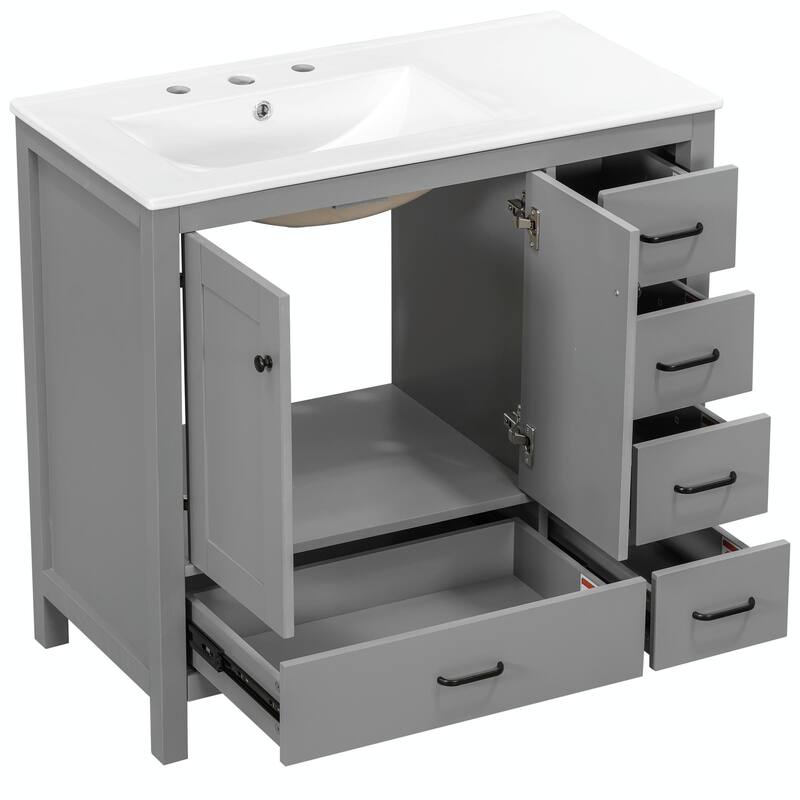 36" White Bathroom Vanity with Ceramic Sink Combo, Ample Storage Cabinet - 2 Soft-Close Doors and 5 Drawers